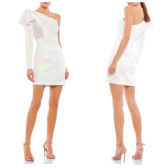 Ieena for Mac Duggal White Bow One Shoulder Long Sleeve Satin Mini Dress 2 NWT - Picture 1 of 16